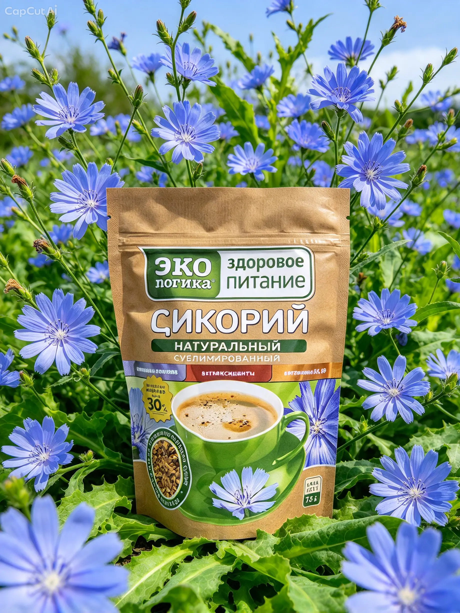 Цикорий растворимый сублимированный без кофеина пакет 75 гр, Эко логика