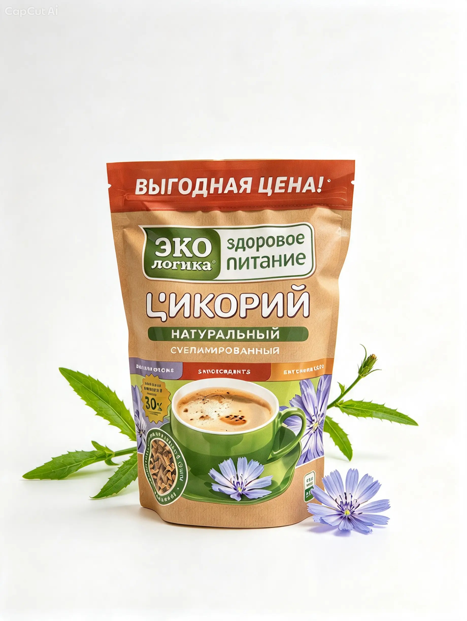 Цикорий растворимый сублимированный без кофеина пакет 230 гр, Эко логика